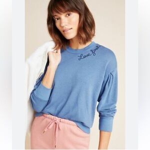 Anthropologie Blue "Love You" Embroidered Sweatshirt